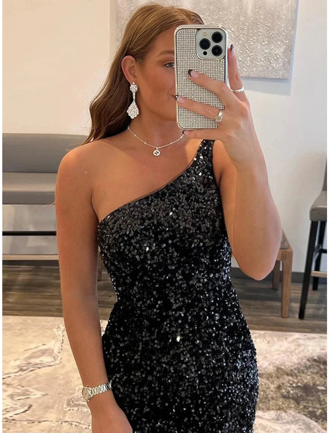 Mermaid / Trumpet Homecoming Dresses Black Dress Graduation Cocktail Party Short / Mini Sleeveless One Shoulder Sequined with Sequin by YiHuiw