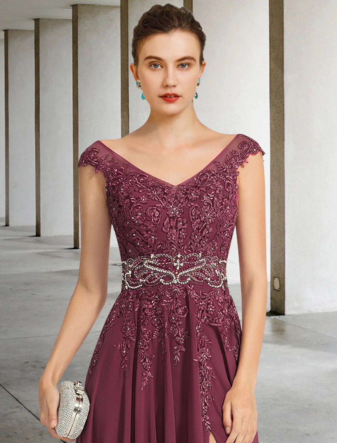 A-Line Mother of the Bride Dress Luxurious Elegant V Neck Floor Length Chiffon Lace Sleeveless with Sash / Ribbon Beading Split Front by YiHuiw