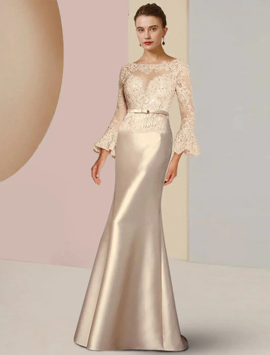 Sheath / Column Mother of the Bride Dress Wedding Guest Elegant Scoop Neck Sweep / Brush Train Satin Lace Long Sleeve with Beading Appliques by YiHuiw