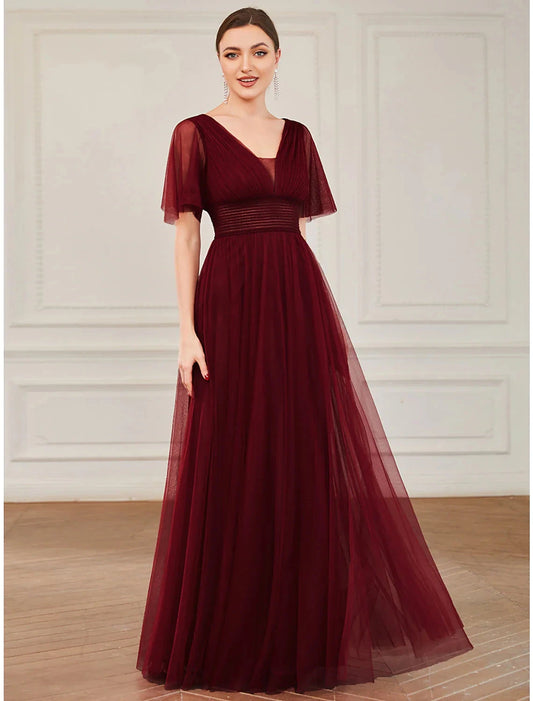 A-Line Bridesmaid Dress V Neck Short Sleeve Plus Size Floor Length Tulle with Ruffles / Draping / Tier / Butterfly Sleeve by YiHuiw