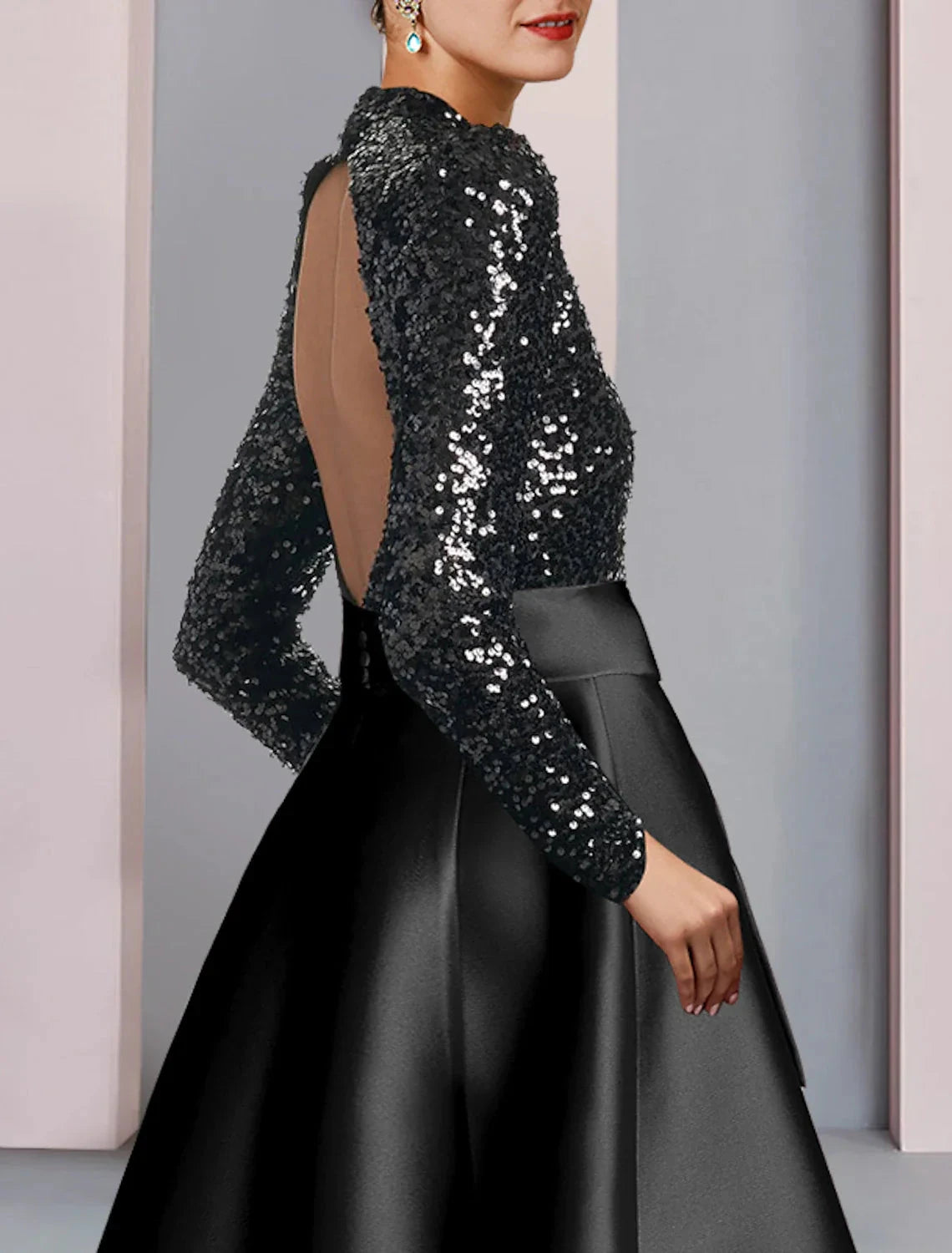 A-Line Mother of the Bride Dress Wedding Guest Elegant Sparkle & Shine High Neck Tea Length Satin Sequined Long Sleeve with Bow(s) Pleats by YiHuiw