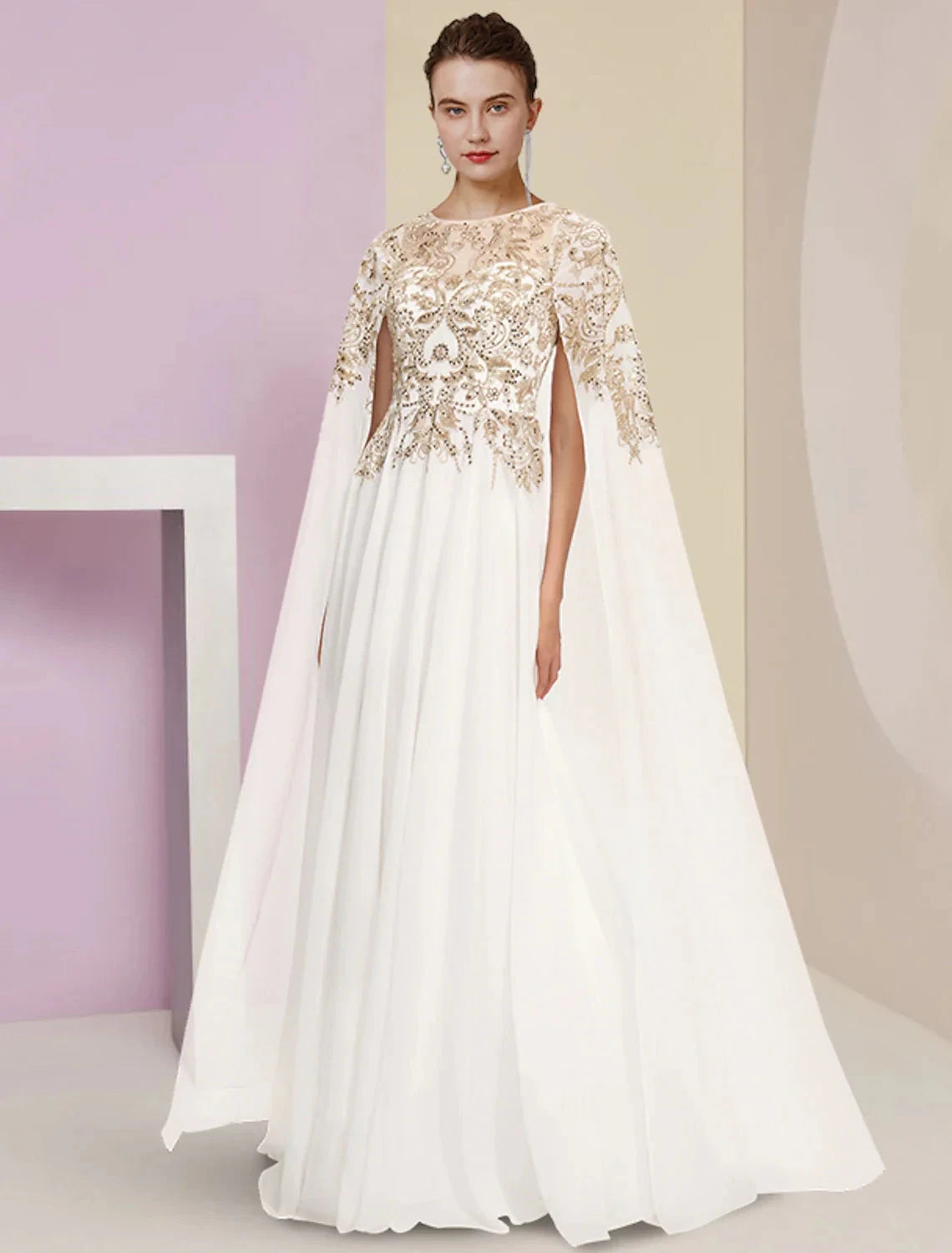 Sheath / Column Mother of the Bride Dress Wedding Guest Party Luxurious Jewel Neck Floor Length Chiffon Lace Sequined Long Sleeve with Pleats by YiHuiw