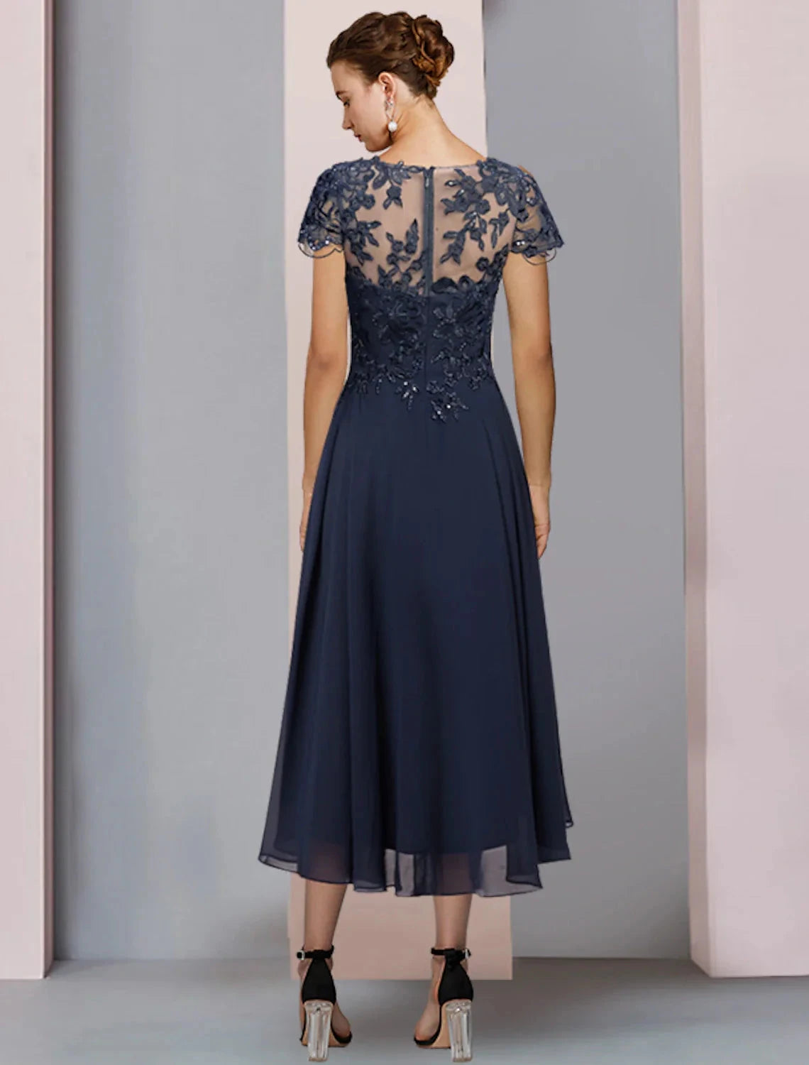 A-Line Mother of the Bride Dress Formal Wedding Guest Elegant Scoop Neck Jewel Neck Tea Length Chiffon Lace Short Sleeve with Pleats Sequin Appliques by YiHuiw