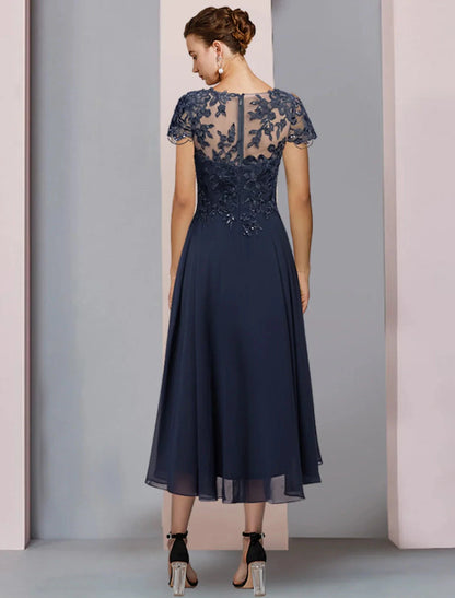 A-Line Mother of the Bride Dress Formal Wedding Guest Elegant Scoop Neck Jewel Neck Tea Length Chiffon Lace Short Sleeve with Pleats Sequin Appliques by YiHuiw