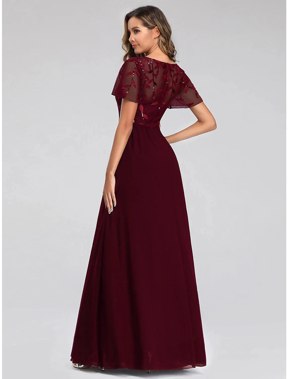 A-Line Wedding Guest Dresses Elegant Dress Fall Floor Length Short Sleeve V Neck Bridesmaid Dress Tulle with Sequin Appliques by YiHuiw