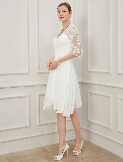 Reception Little White Dresses Fall Wedding Dresses A-Line V Neck Half Sleeve Knee Length Chiffon Bridal Gowns With Draping Appliques Summer Wedding Party Women‘s Clothing by YiHuiw