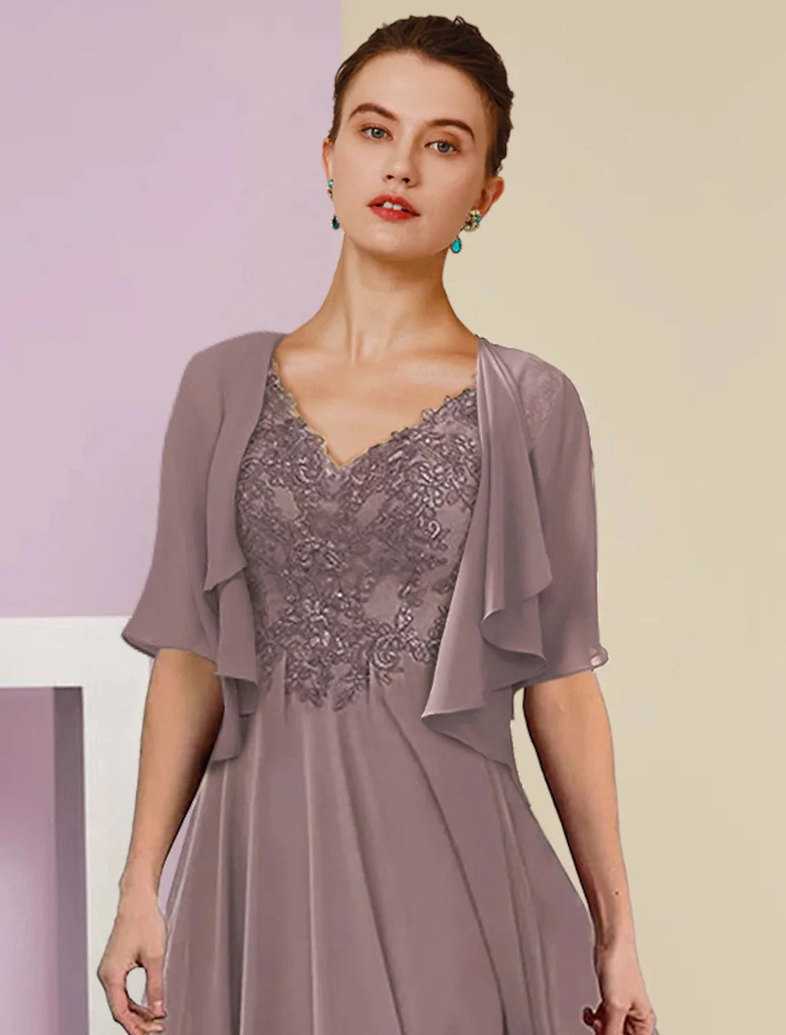 Two Piece A-Line Mother of the Bride Dress Formal Wedding Guest Elegant V Neck Tea Length Chiffon Lace Short Sleeve Jacket Dresses with Pleats Appliques by YiHuiw