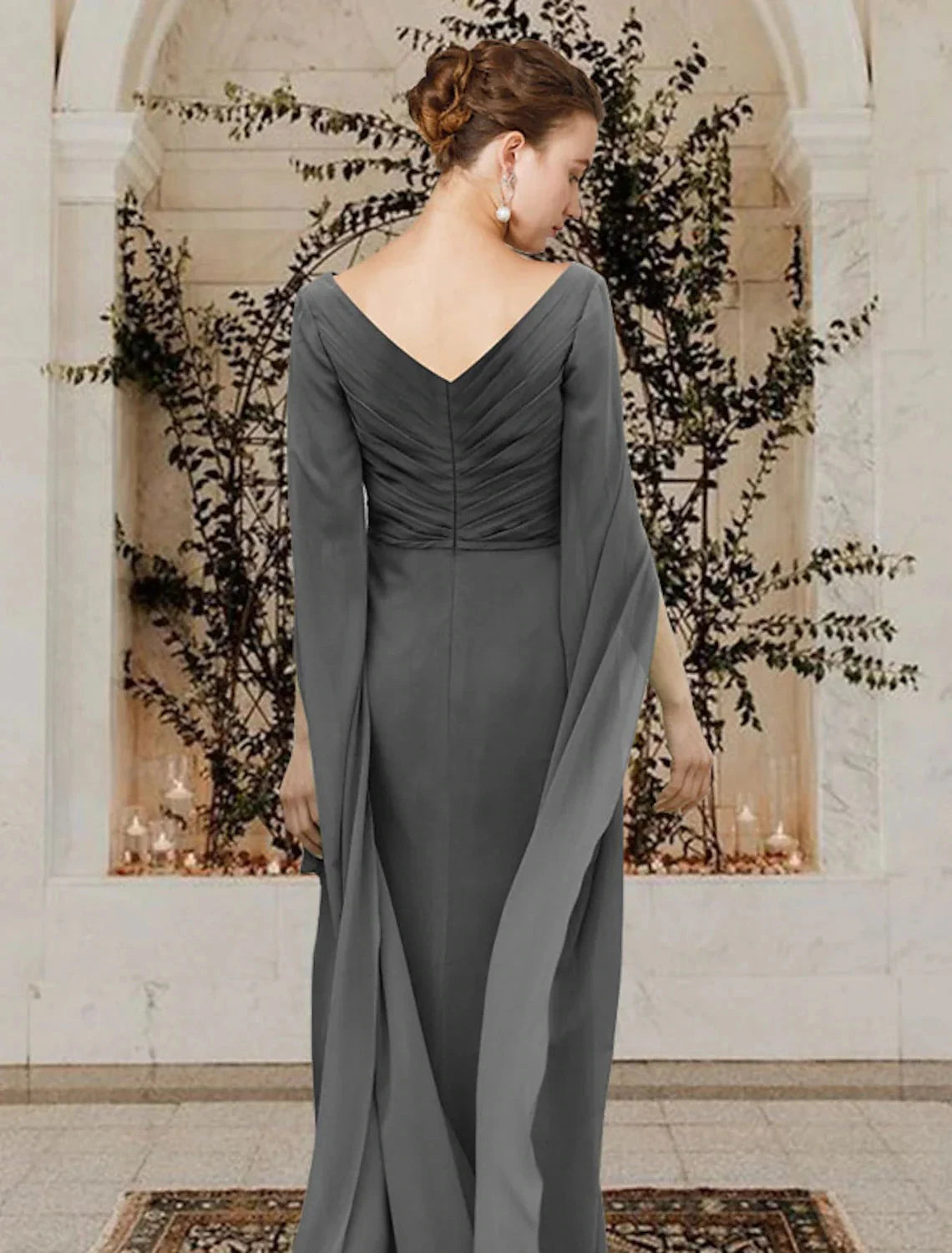 Sheath / Column Mother of the Bride Dress Elegant V Neck Floor Length Chiffon Half Sleeve with Beading Side-Draped by YiHuiw
