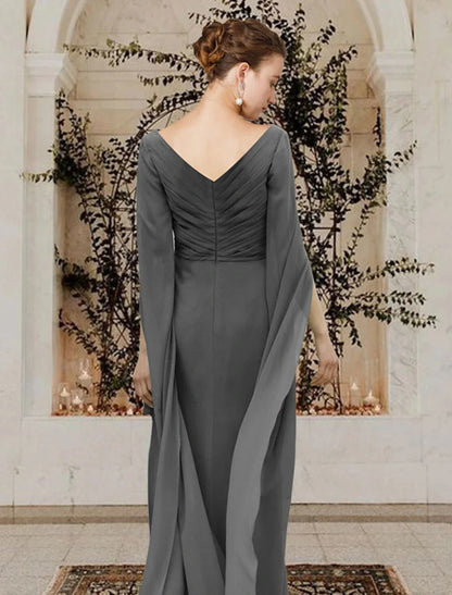 Sheath / Column Mother of the Bride Dress Elegant V Neck Floor Length Chiffon Half Sleeve with Beading Side-Draped by YiHuiw
