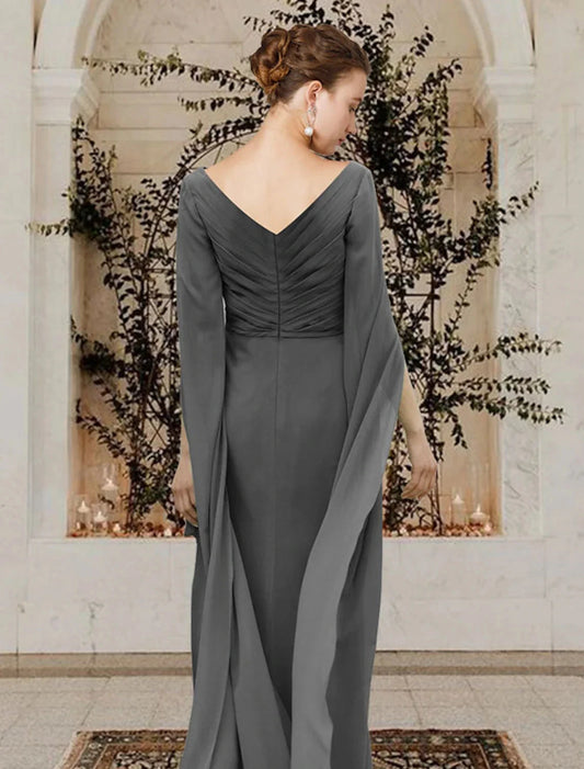 Sheath / Column Mother of the Bride Dress Elegant V Neck Floor Length Chiffon Half Sleeve with Beading Side-Draped by YiHuiw