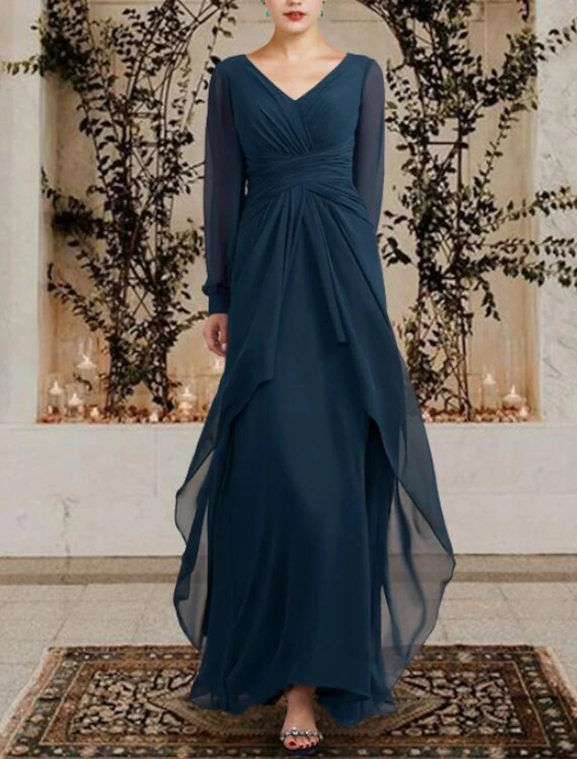 A-Line Mother of the Bride Dress Wedding Guest Plus Size Elegant V Neck Floor Length Chiffon Long Sleeve with Ruched Ruffles Side-Draped Fall by YiHuiw