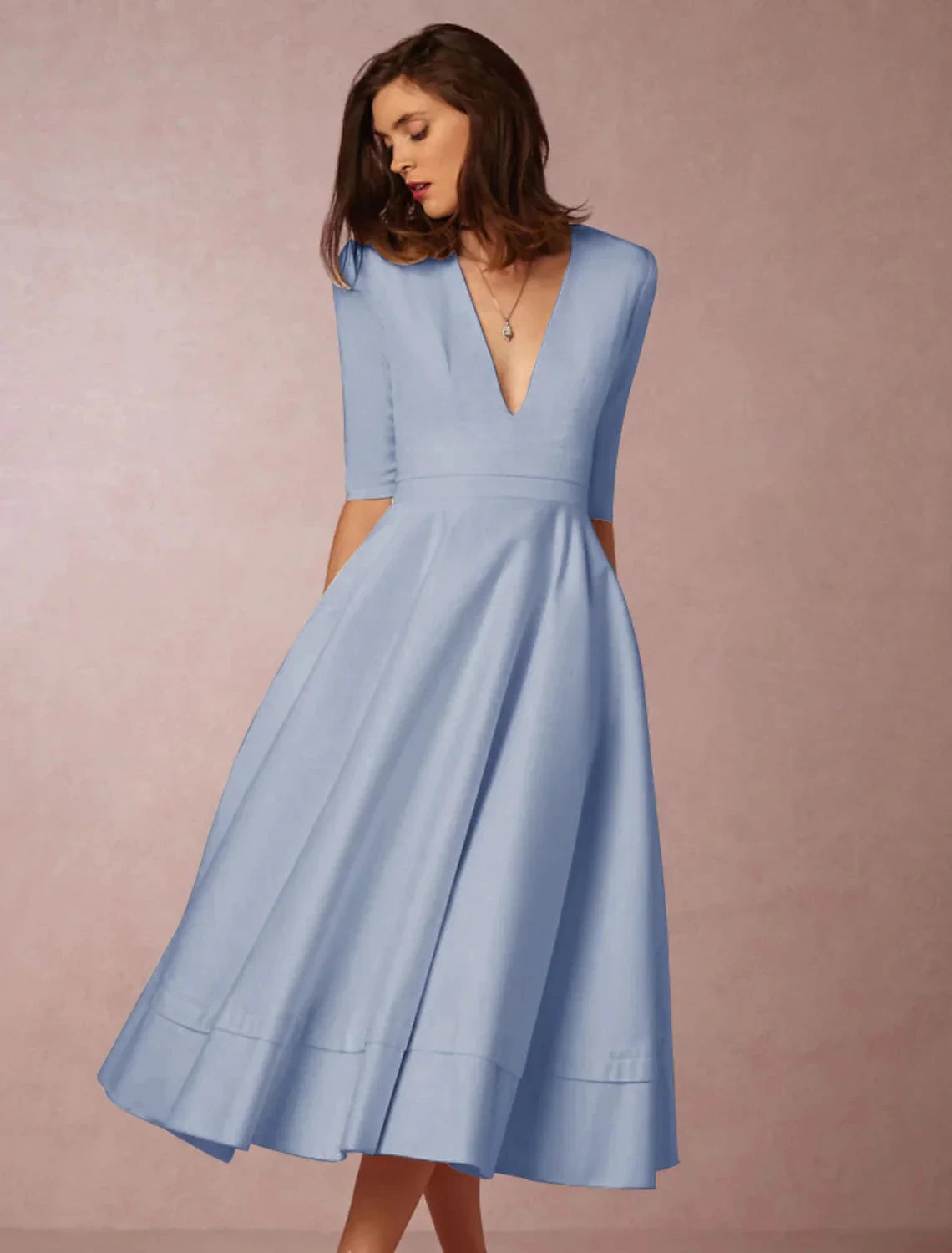 A-Line Special Occasion Dresses Party Dress Holiday Wedding Guest Tea Length Half Sleeve V Neck Pocket Jersey with Pleats White & Ivory ship in 48 hours by YiHuiw