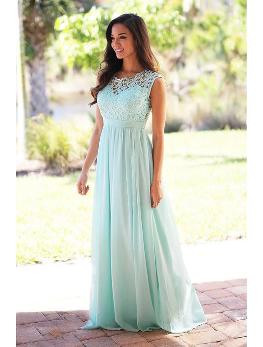 A-Line Bridesmaid Dress Jewel Neck Sleeveless Elegant Floor Length Chiffon / Lace with Sash / Ribbon / Pleats by YiHuiw
