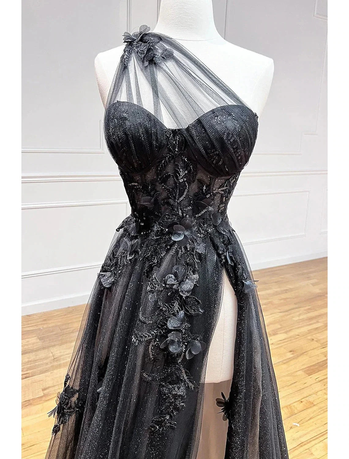 A-Line Prom Dresses Color Block Dress Formal Wedding Guest Sweep / Brush Train Sleeveless One Shoulder Tulle Backless with Pleats Appliques by YiHuiw