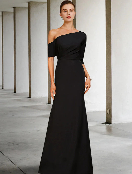 A-Line Mother of the Bride Dress Fall Wedding Guest Vintage Elegant One Shoulder Floor Length Charmeuse 3/4 Length Sleeve with Ruffles Side-Draped by YiHuiw