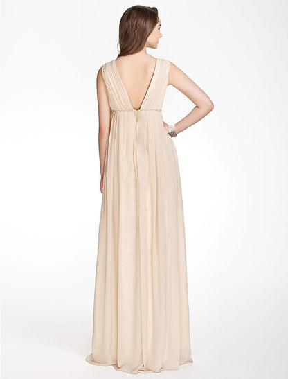 A-Line Bridesmaid Dress V Neck Sleeveless Beautiful Back Floor Length Chiffon with Pleats / Beading / Draping by YiHuiw