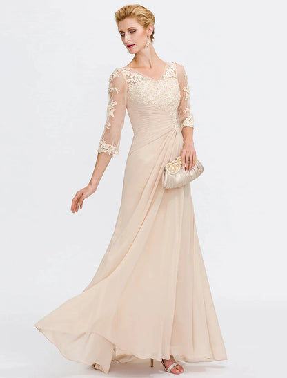 A-Line Mother of the Bride Dress Fall Wedding Guest Dresses Plus Size Elegant See Through V Neck Floor Length Chiffon Half Sleeve with Appliques Side Draping by YiHuiw