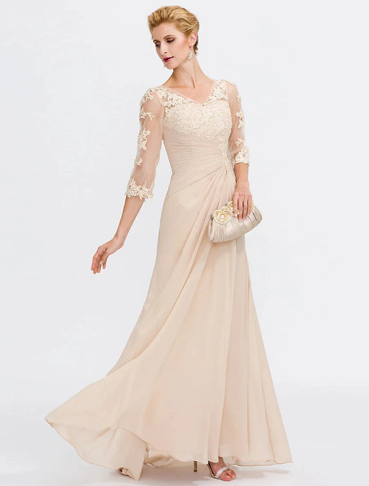 A-Line Mother of the Bride Dress Fall Wedding Guest Dresses Plus Size Elegant See Through V Neck Floor Length Chiffon Half Sleeve with Appliques Side Draping by YiHuiw
