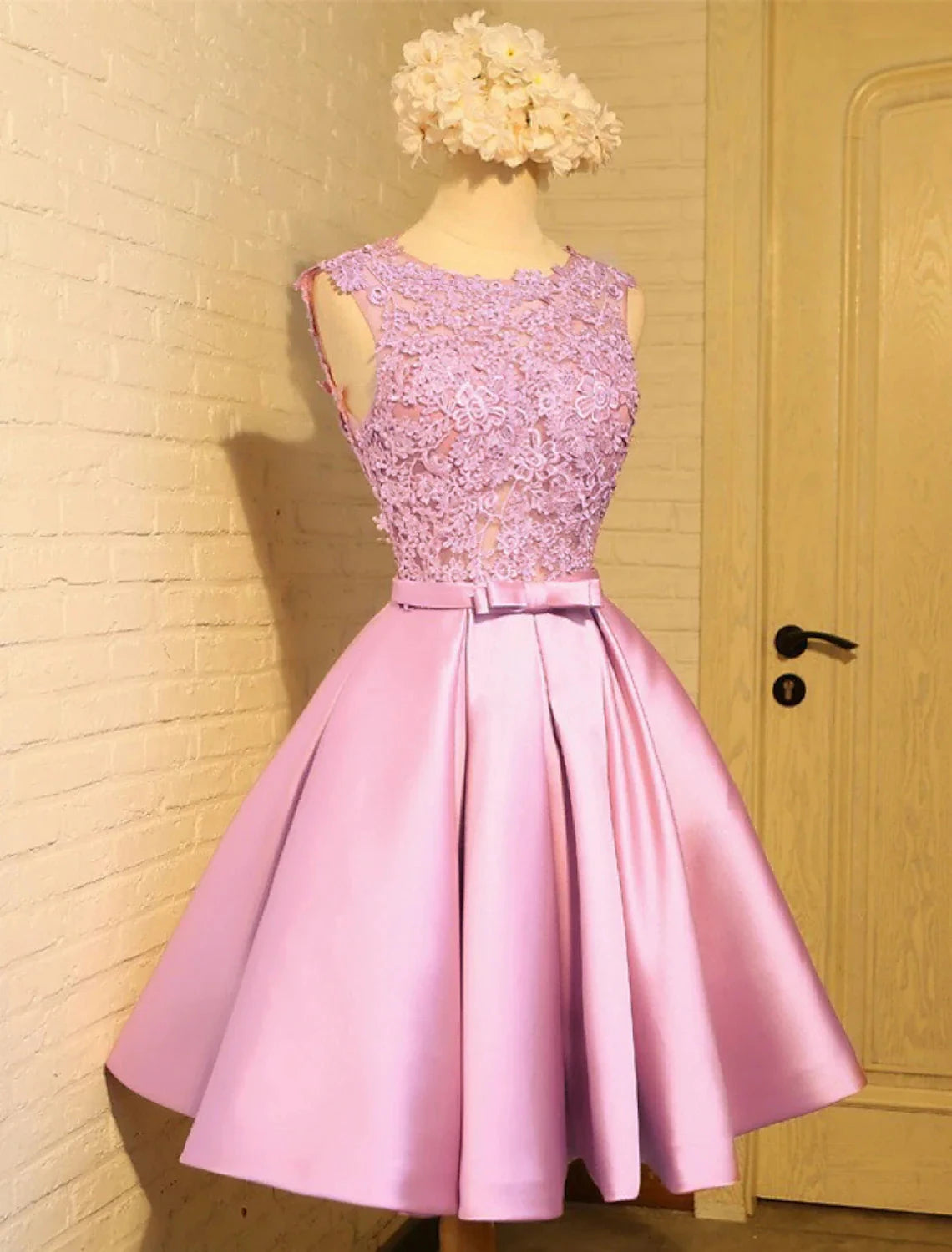 A-Line Lace Homecoming Dresses Open Back Dress Prom Knee Length Sleeveless Jewel Neck Satin with Butterfly by YiHuiw