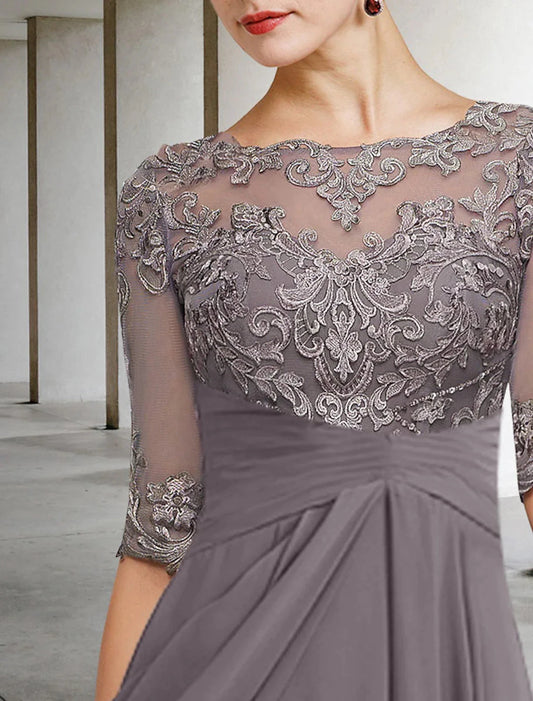 A-Line Mother of the Bride Dress Fall Wedding Guest Dresses Plus Size Elegant High Low V Neck Asymmetrical Ankle Length Chiffon Lace Half Sleeve with Beading Appliques by YiHuiw