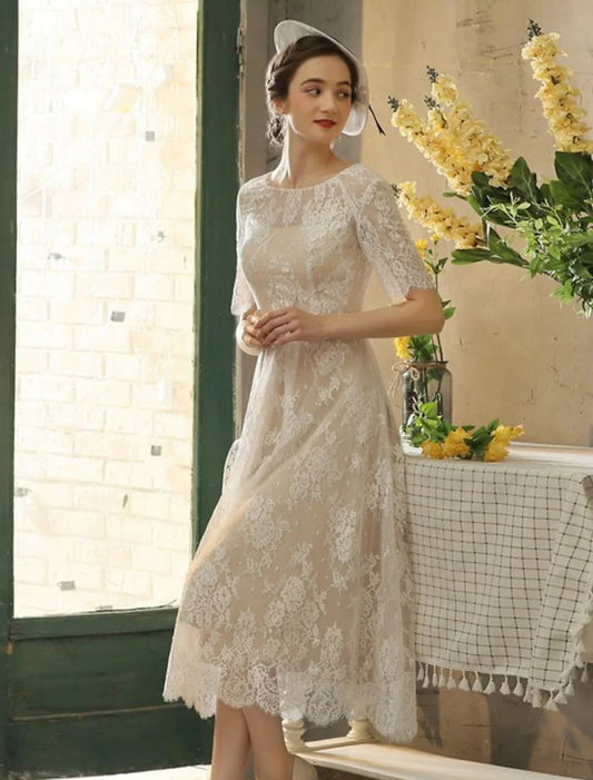 Reception Fall Wedding Dresses Little White Dresses in Color A-Line Illusion Neck Half Sleeve Tea Length Lace Bridal Gowns With Sash / Ribbon Appliques Summer Party Women's Clothing by YiHuiw