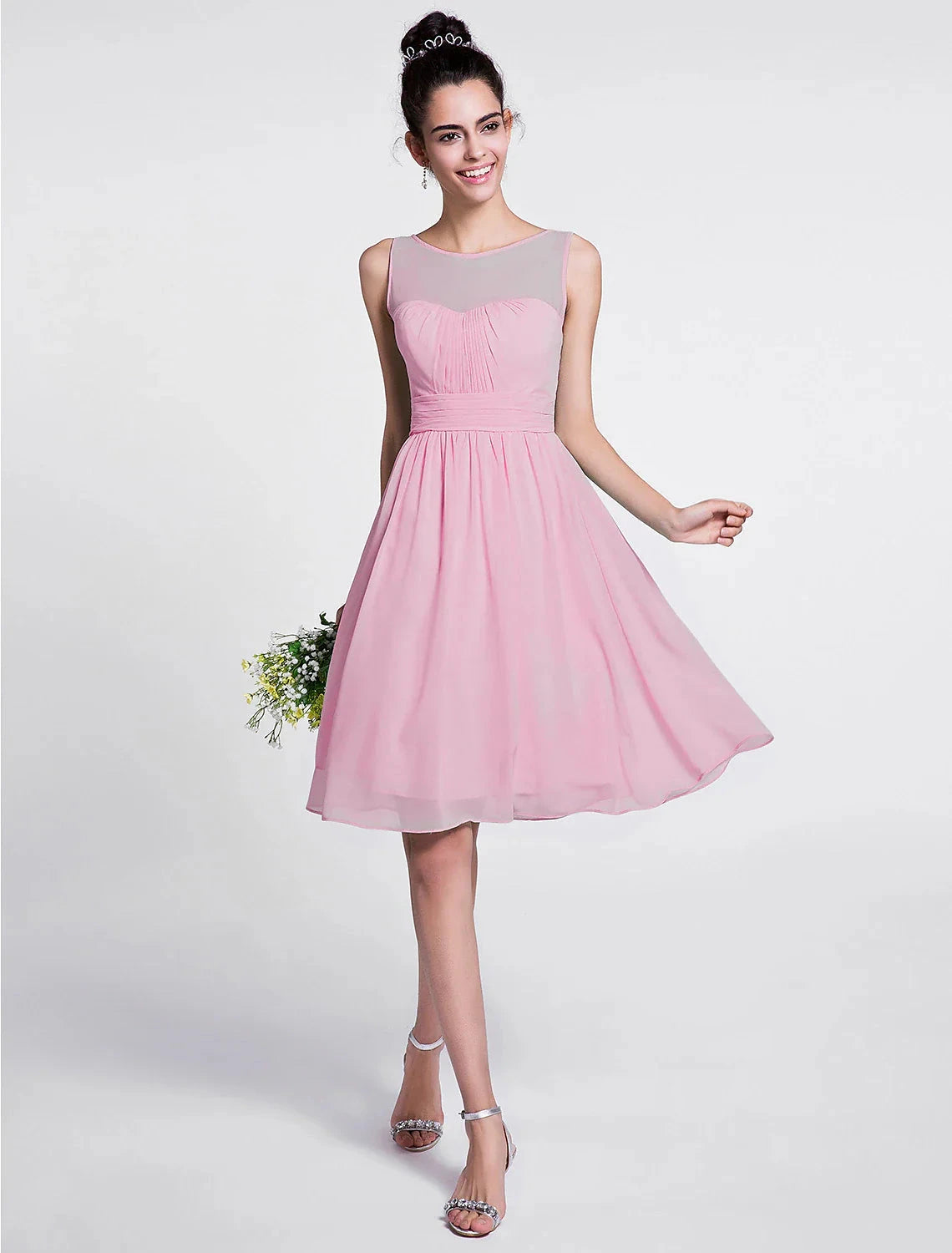 A-Line Bridesmaid Dress Scoop Neck Sleeveless Knee Length Chiffon with Ruched / Draping by YiHuiw