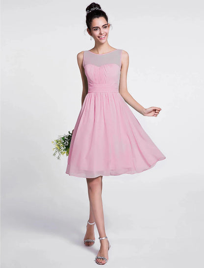 A-Line Bridesmaid Dress Scoop Neck Sleeveless Knee Length Chiffon with Ruched / Draping by YiHuiw