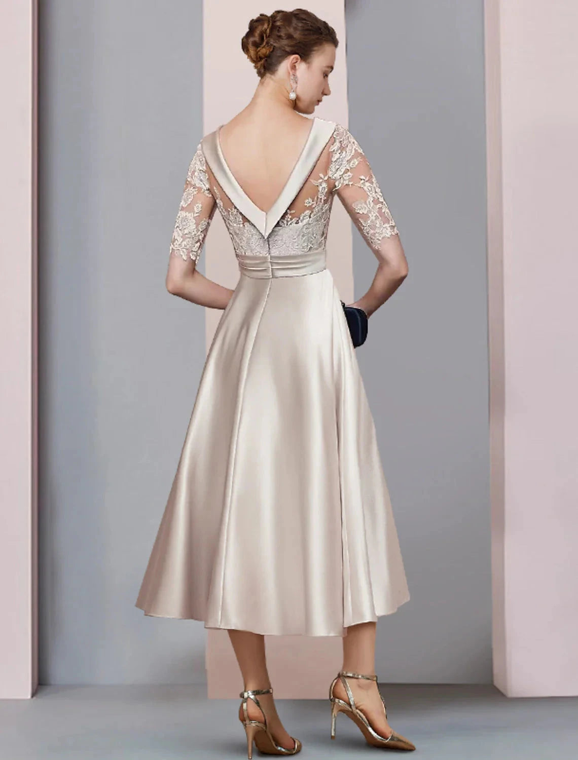 Mother of the Bride Dress A-Line Fall Wedding Guest Dresses Vintage Elegant Scoop Neck Tea Length Satin Lace Half Sleeve with Ruched Appliques by YiHuiw