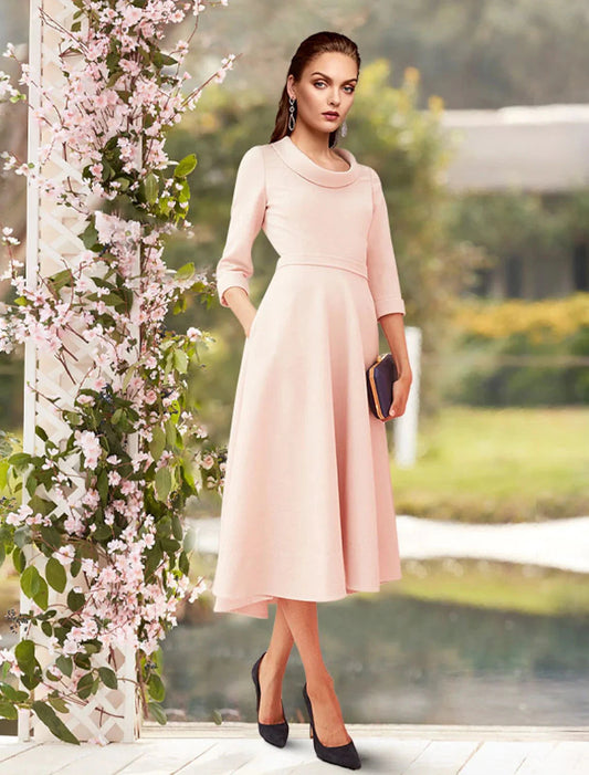 Sheath / Column Mother of the Bride Dress Minimalist Sweet Scoop Neck Tea Length Satin 3/4 Length Sleeve with Pleats Solid Color by YiHuiw