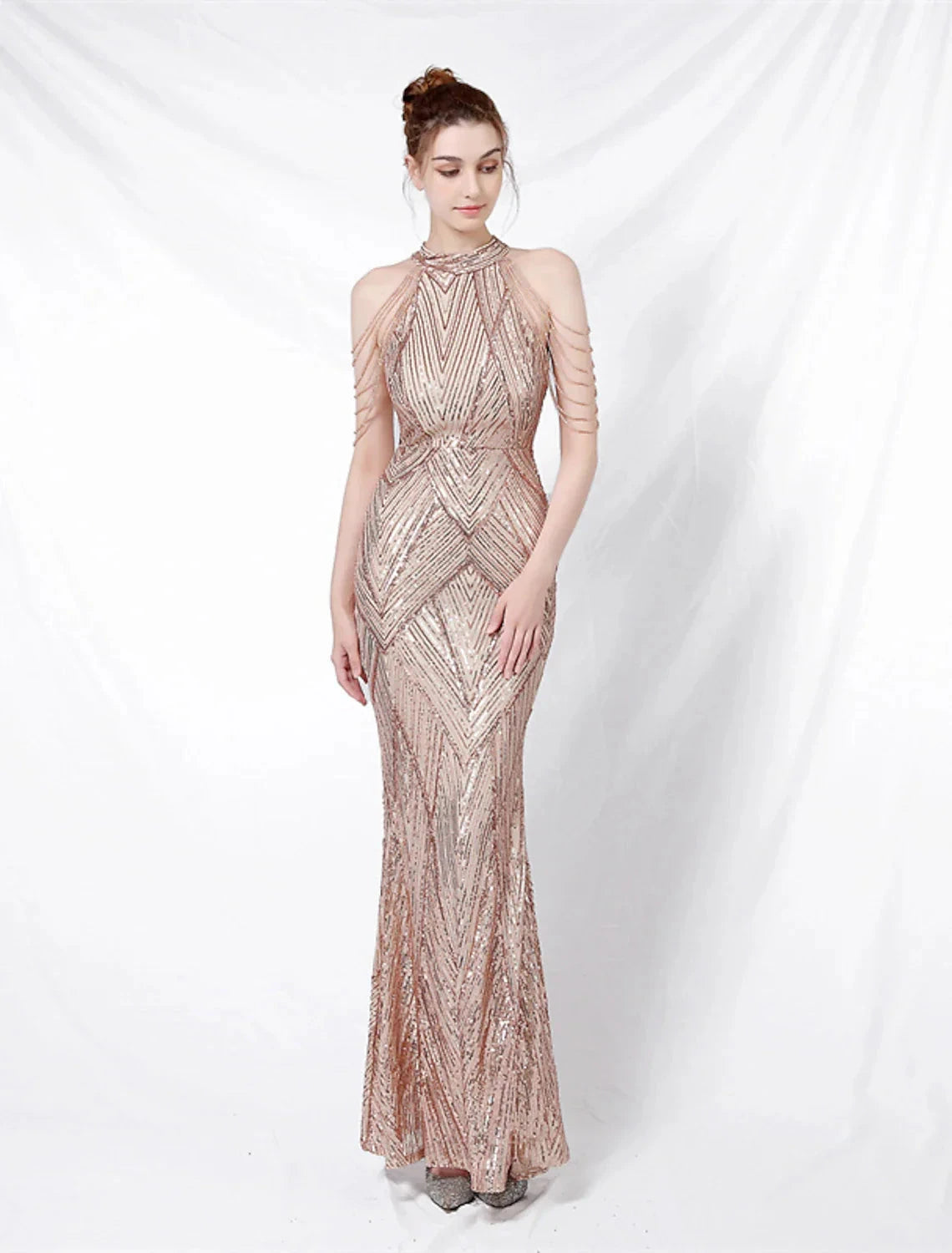 Mermaid Party Dress Prom Dresses Sparkle & Shine Dress Formal Wedding Guest Floor Length Sleeveless Halter Neck Sequined with Sequin by YiHuiw