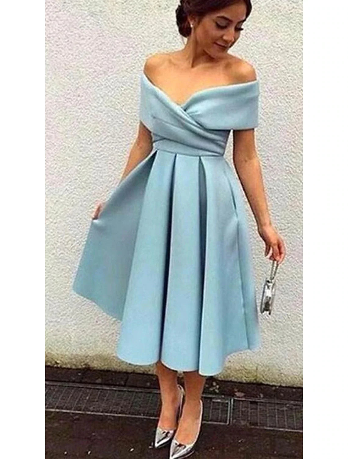 A-Line Cocktail Dresses 1950s Dress Homecoming Formal Evening Tea Length Short Sleeve V Neck  Fabric V Back with Pleats