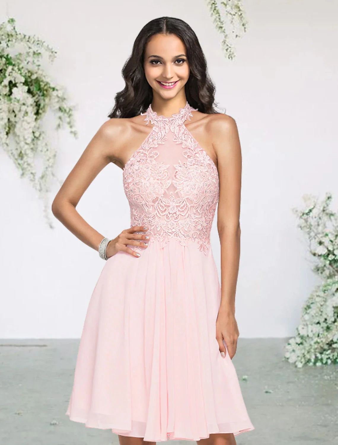 A-Line Bridesmaid Dress Halter Neck Sleeveless Sexy Short / Mini Chiffon / Lace with Pleats / Appliques by YiHuiw