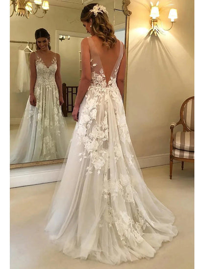 Beach Boho Wedding Dresses A-Line V Neck Sleeveless Sweep / Brush Train Lace Bridal Gowns With Appliques Summer Fall Wedding Party Women‘s Clothing by YiHuiw