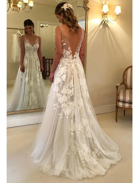 Beach Boho Wedding Dresses A-Line V Neck Sleeveless Sweep / Brush Train Lace Bridal Gowns With Appliques Summer Fall Wedding Party  Women‘s Clothing