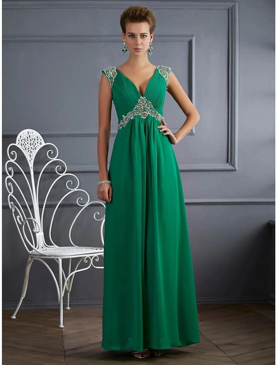A-Line Evening Gown Sparkle & Shine Dress Formal Floor Length Sleeveless V Neck Chiffon with Rhinestone Ruched by YiHuiw