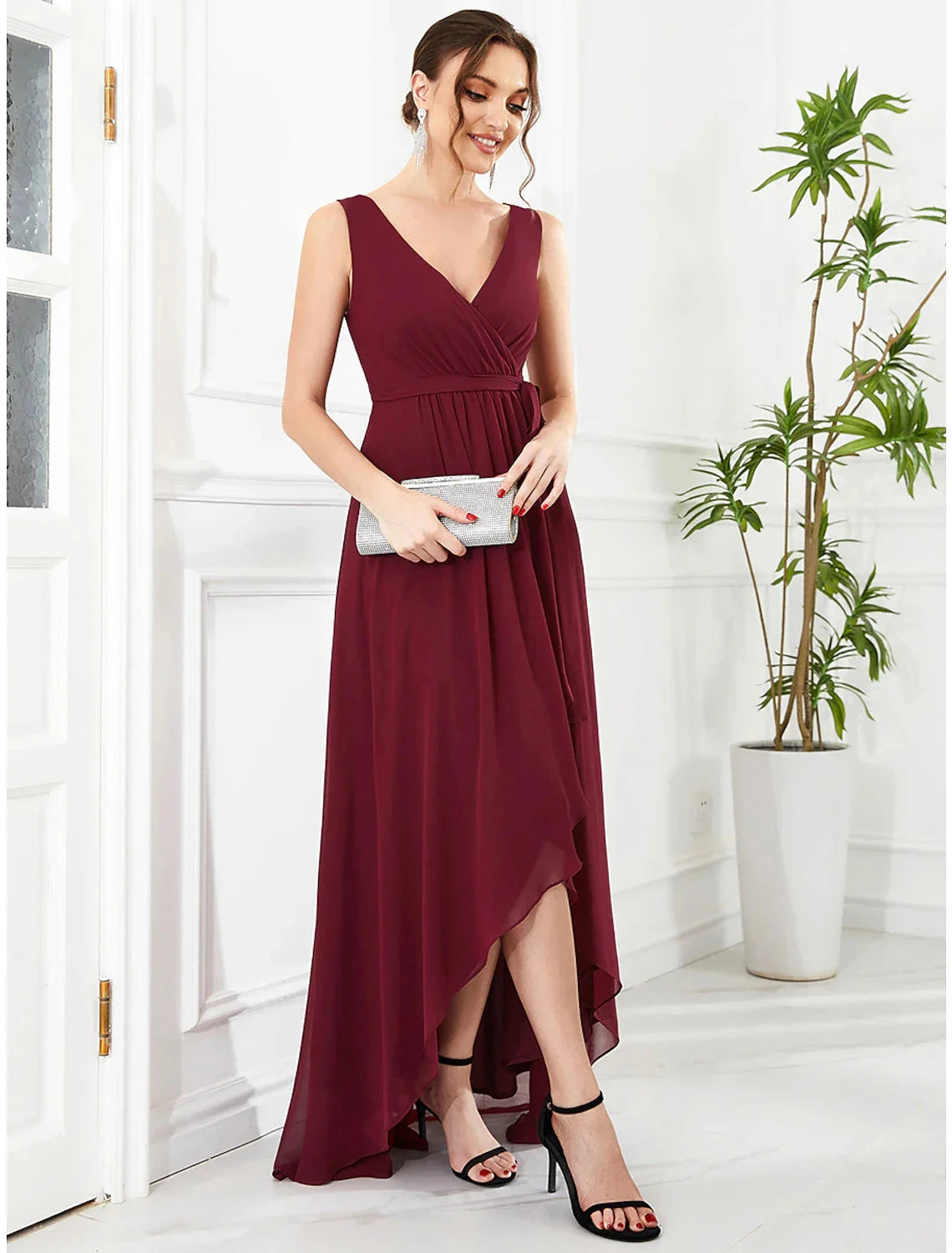 A-Line Wedding Guest Dresses Elegant Dress Party Wear Asymmetrical Sleeveless V Neck Chiffon with Ruffles Strappy by YiHuiw