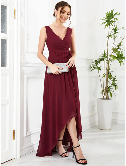 A-Line Wedding Guest Dresses Elegant Dress Party Wear Asymmetrical Sleeveless V Neck Chiffon with Ruffles Strappy by YiHuiw