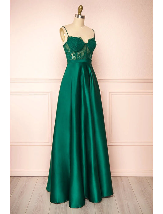 A-Line Prom Dresses See Through Dress Formal Prom Floor Length Sleeveless Sweetheart Satin Backless with Appliques by YiHuiw