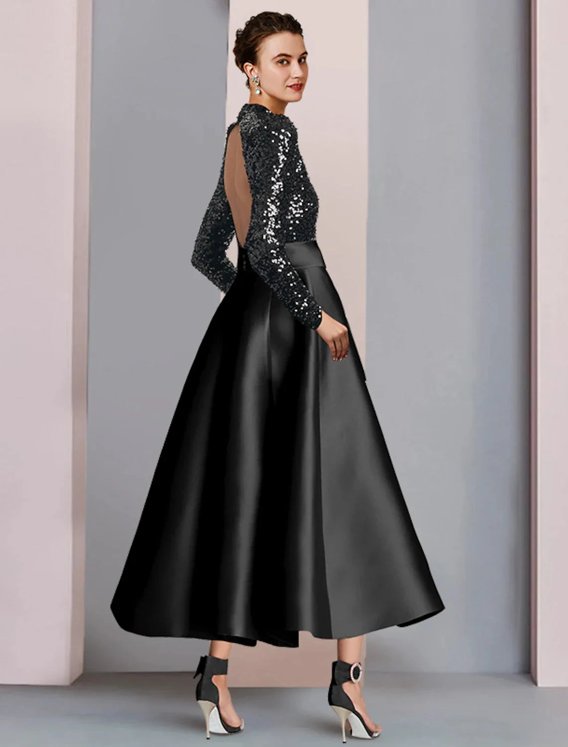 A-Line Mother of the Bride Dress Wedding Guest Elegant Sparkle & Shine High Neck Tea Length Satin Sequined Long Sleeve with Bow(s) Pleats by YiHuiw