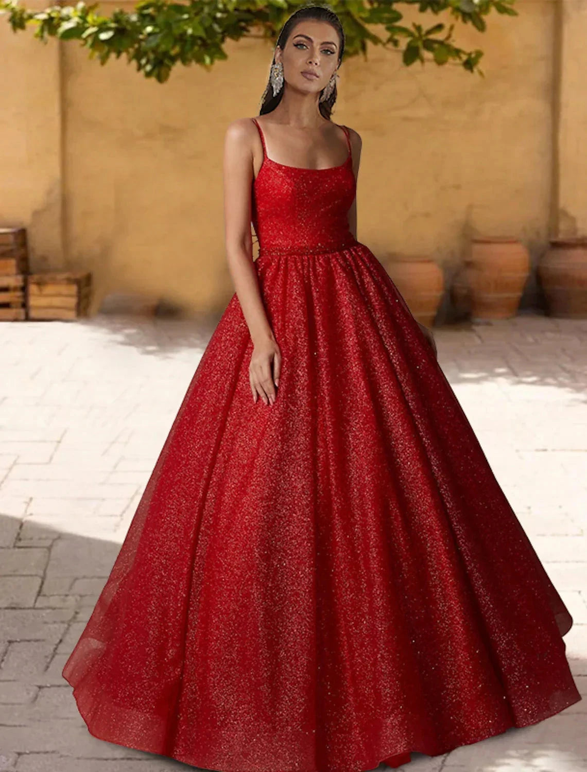 Ball Gown Quinceanera Dresses Sparkle & Shine Dress Sweet 16 Floor Length Sleeveless Spaghetti Strap Tulle with Glitter Criss Cross Pleats by YiHuiw