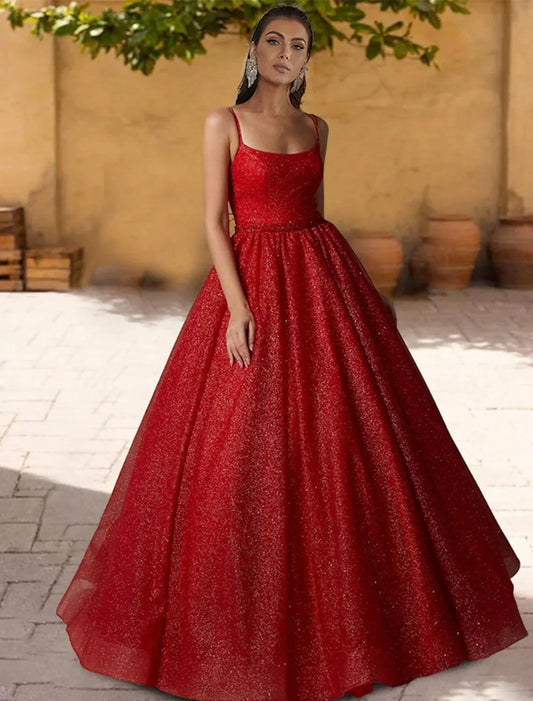 Ball Gown Quinceanera Dresses Sparkle & Shine Dress Sweet 16 Floor Length Sleeveless Spaghetti Strap Tulle with Glitter Criss Cross Pleats by YiHuiw