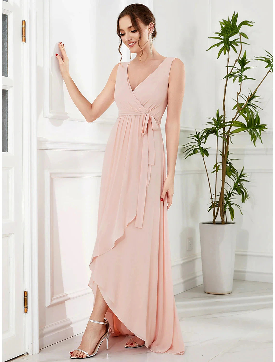 A-Line Wedding Guest Dresses Elegant Dress Party Wear Wedding Party Asymmetrical Sleeveless Spaghetti Strap Bridesmaid Dress Chiffon with Ruffles Slit by YiHuiw