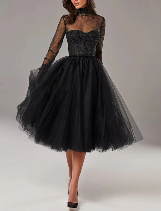 A-Line Cocktail Black Dress Vintage Dress Homecoming Cocktail Party Knee Length Long Sleeve High Neck Wednesday Addams Family Tulle with Pleats Pure Color by YiHuiw