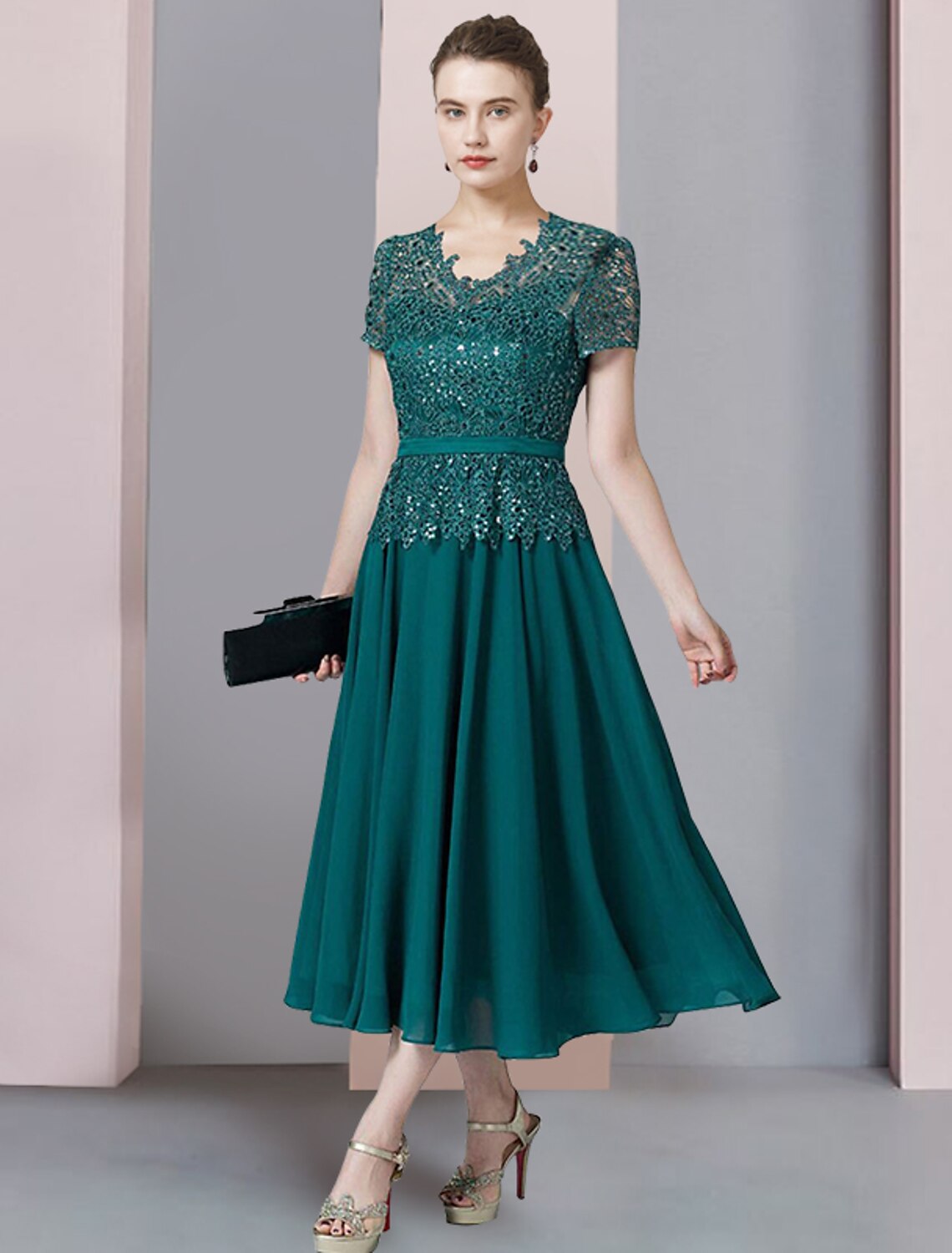 Two Piece A-Line Mother of the Bride Dress Formal Wedding Guest Elegant V Neck Tea Length Chiffon Lace Short Sleeve Wrap Included with Sequin Appliques by YiHuiw
