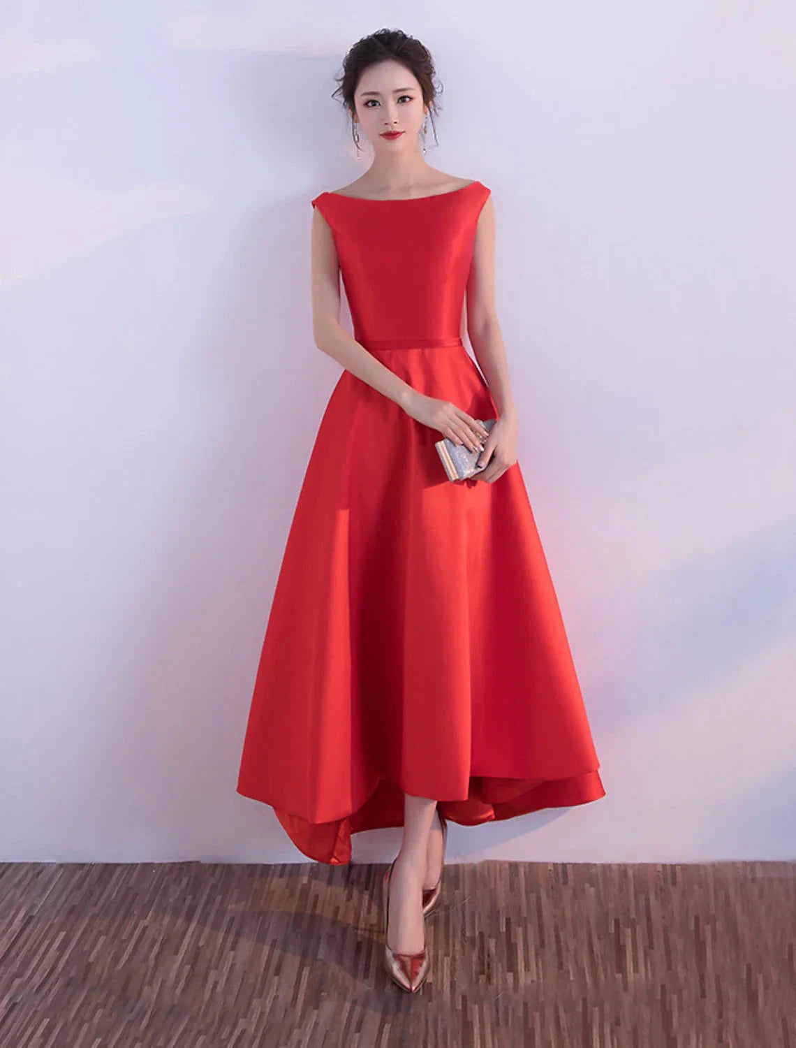 A-Line Evening Gown Minimalist Dress Party Wear Formal Evening Asymmetrical Sleeveless Jewel Neck Satin with Sleek by YiHuiw