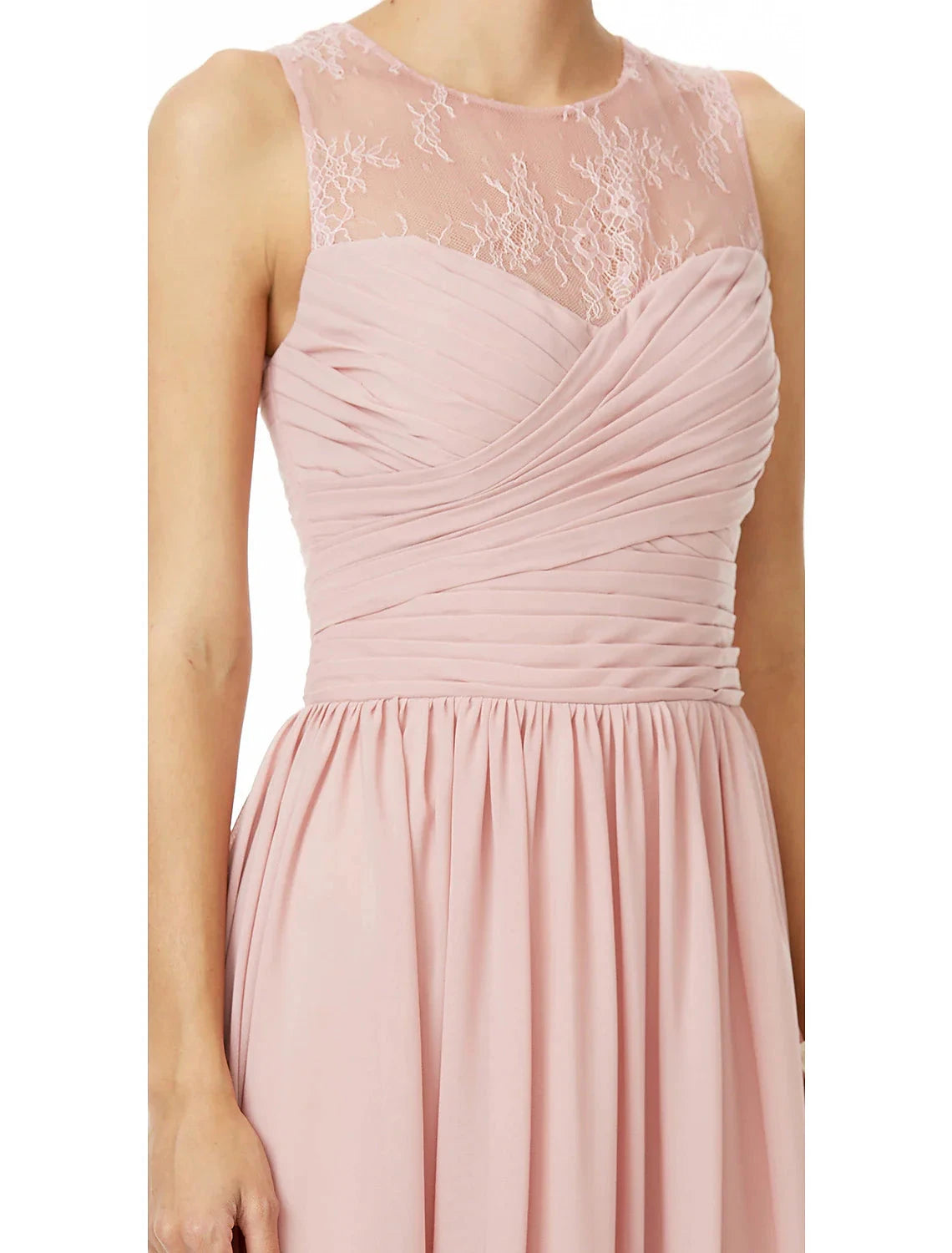 A-Line Bridesmaid Dress Jewel Neck Sleeveless See Through Floor Length Chiffon / Lace with Lace / Criss Cross / Pleats by YiHuiw
