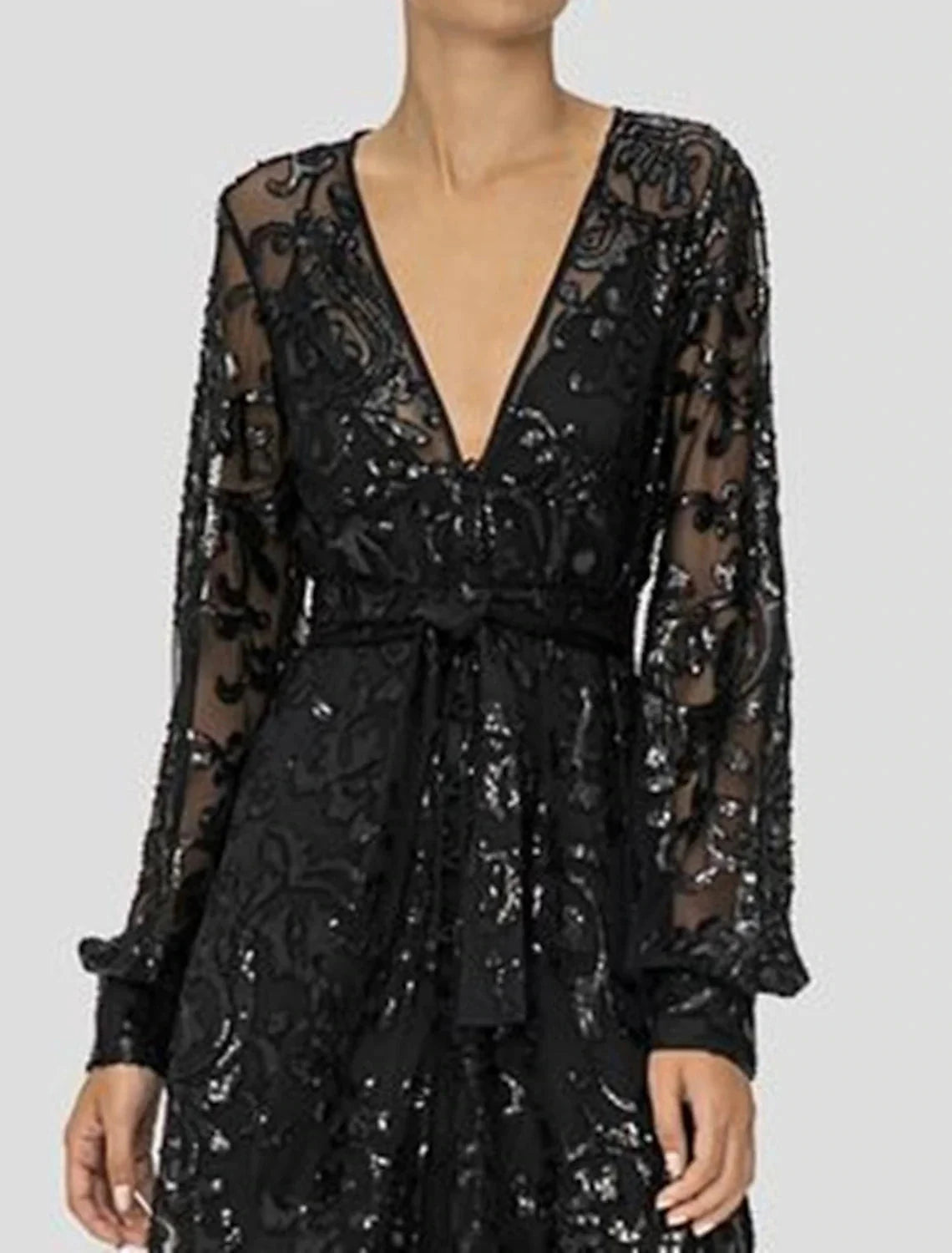 A-Line Mother of the Bride Dress Wedding Guest Elegant Sparkle & Shine V Neck Floor Length Lace Sequined Long Sleeve with Sequin Appliques Split Front by YiHuiw