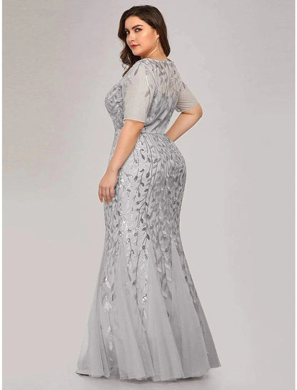 Mermaid / Trumpet Empire Elegant Party Wear Formal Evening Dress Jewel Neck Short Sleeve Floor Length Tulle with Embroidery by YiHuiw