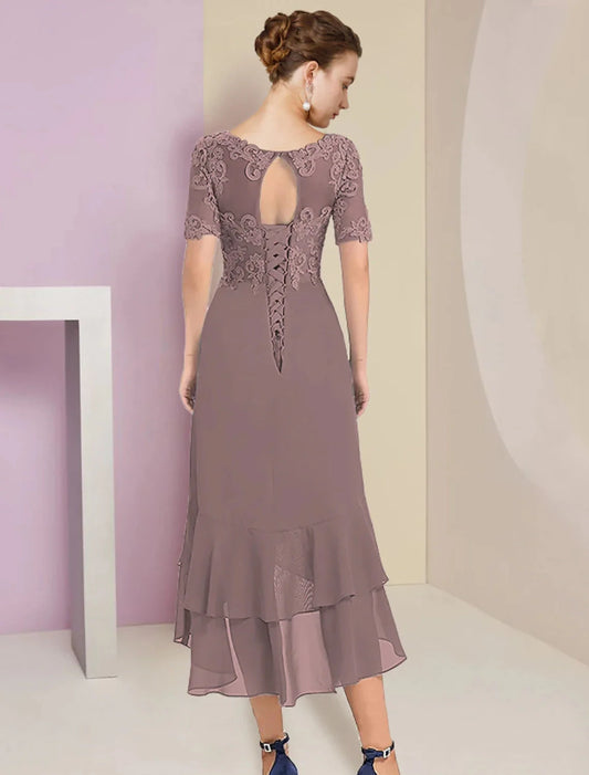 A-Line Mother of the Bride Dress Formal Wedding Guest Elegant High Low V Neck Asymmetrical Tea Length Chiffon Lace Short Sleeve Wrap Included with Appliques by YiHuiw