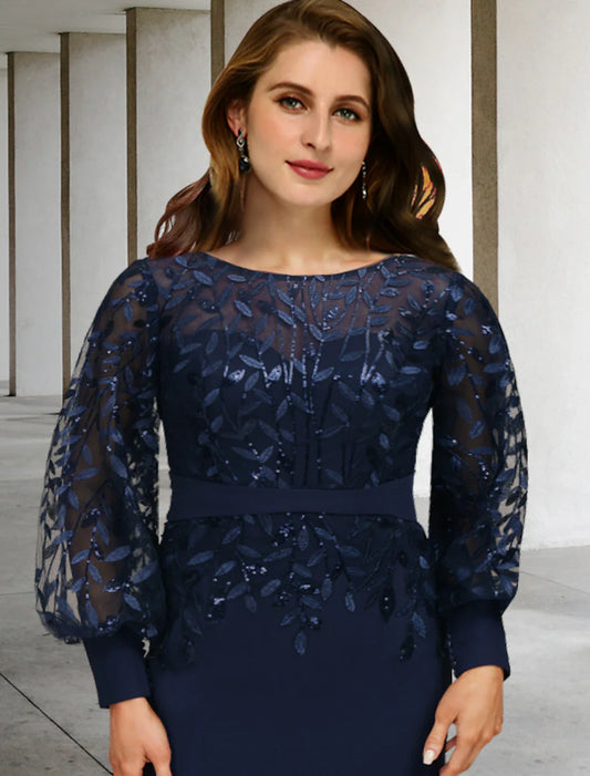 Mermaid / Trumpet Plus Size Curve Mother of the Bride Dresses Vintage Dress Formal Sweep / Brush Train Long Sleeve Jewel Neck Chiffon with Sequin Ruffles